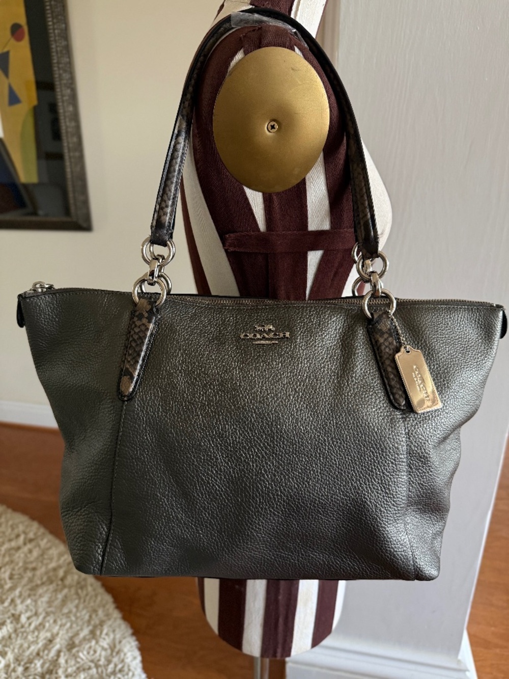 Coach Ava Tote Metallic Gray Pebbled Leather Snake Embossed Trim F38878